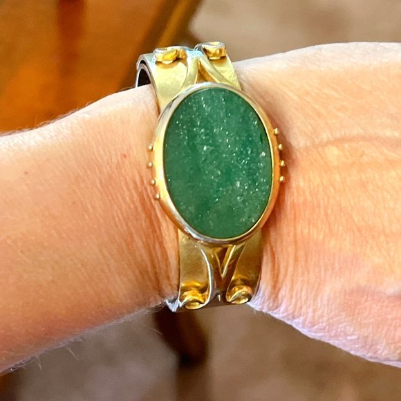 Estate Brass Cuff Hinged Bangle with Big Bold Green Goldstone — Excellent Used - Picture 2 of 13
